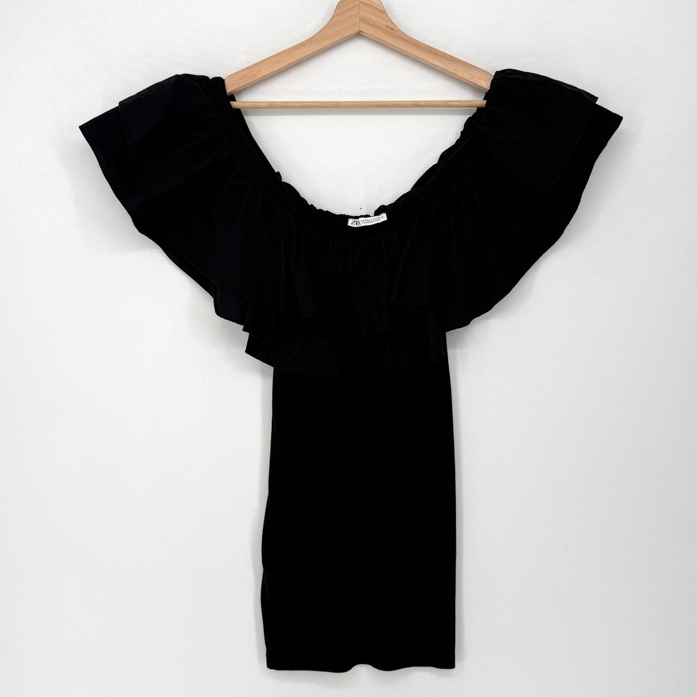 Zara Ruffle Tank Women Small Black Tiered Off Shoulder Rib Knit Coquette Goth